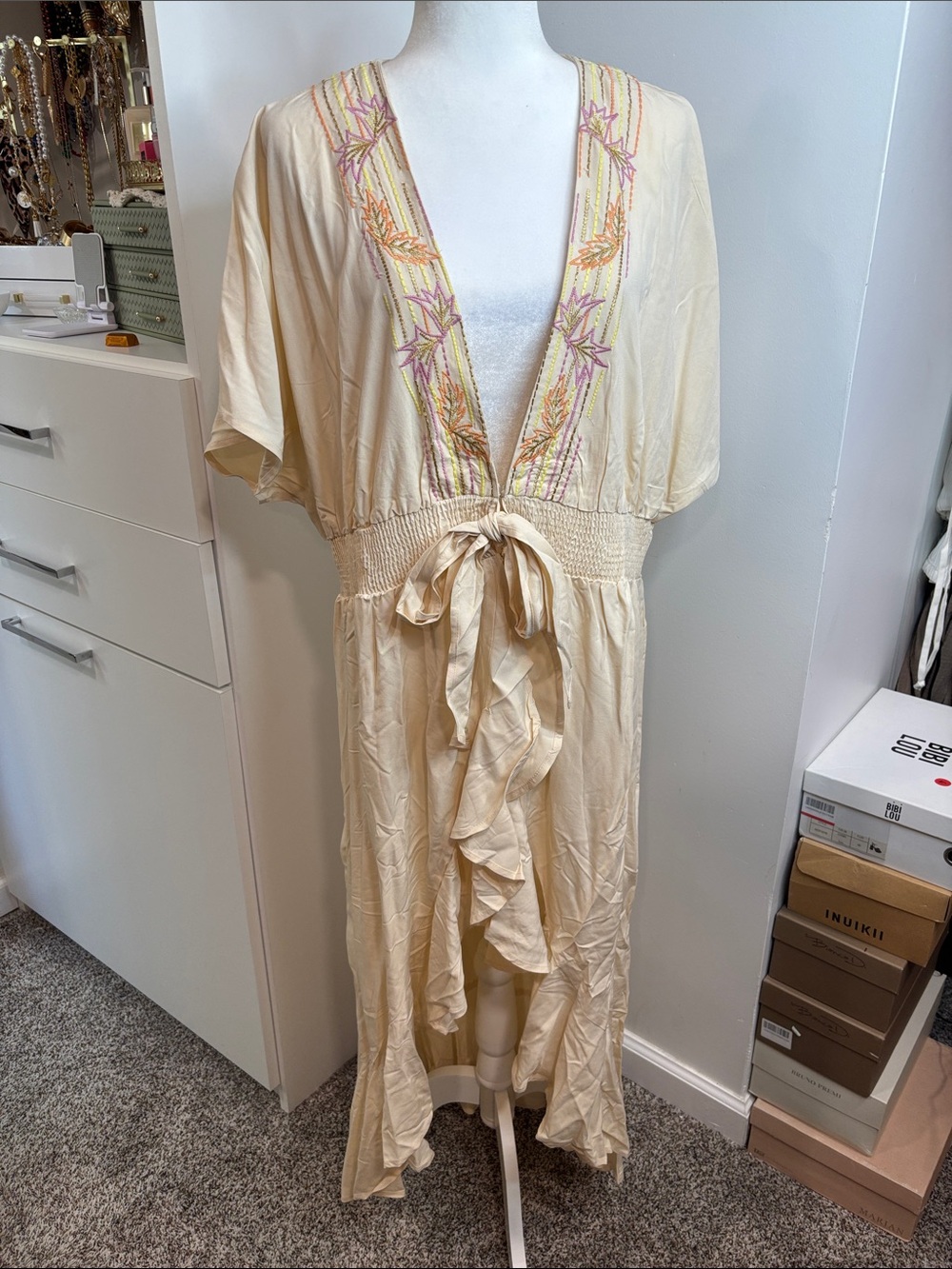 Cream Embroidered V-Neck Maxi Dress